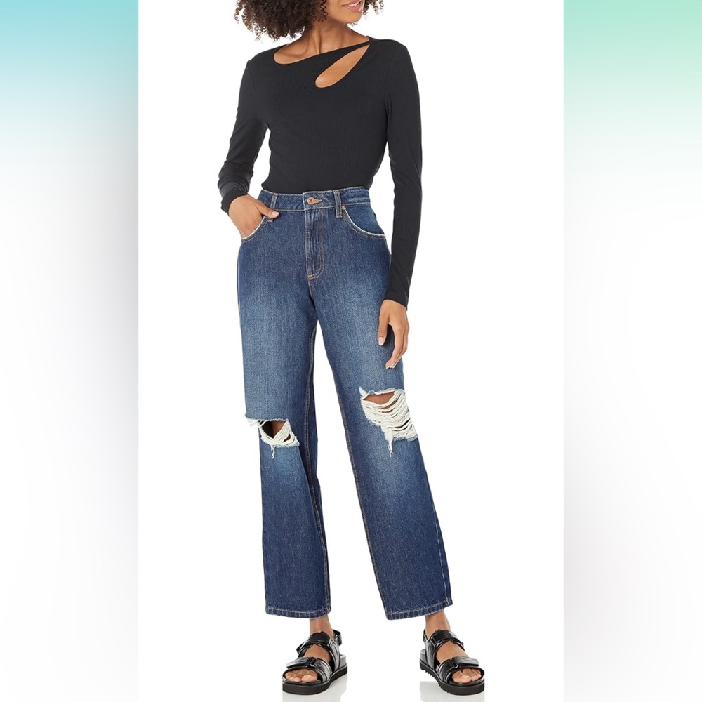 NWT The Drop Women's Luca High Rise Distressed Loose Straight fit, Dark Indigot - Picture 1 of 6